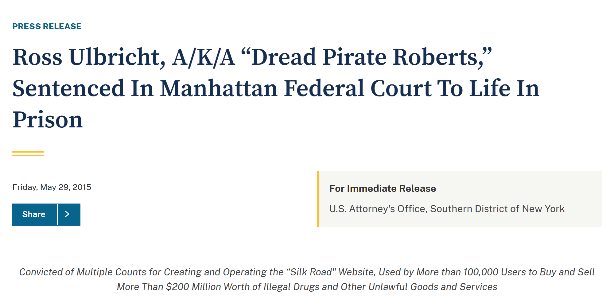 แถลงข่าวอัยการสหรัฐประจำเขตใต้ของนิวยอร์ก วันที่ 29 พฤษภาคม 2015 Ross Ulbricht ถูกตัดสินจำคุกตลอดชีวิต