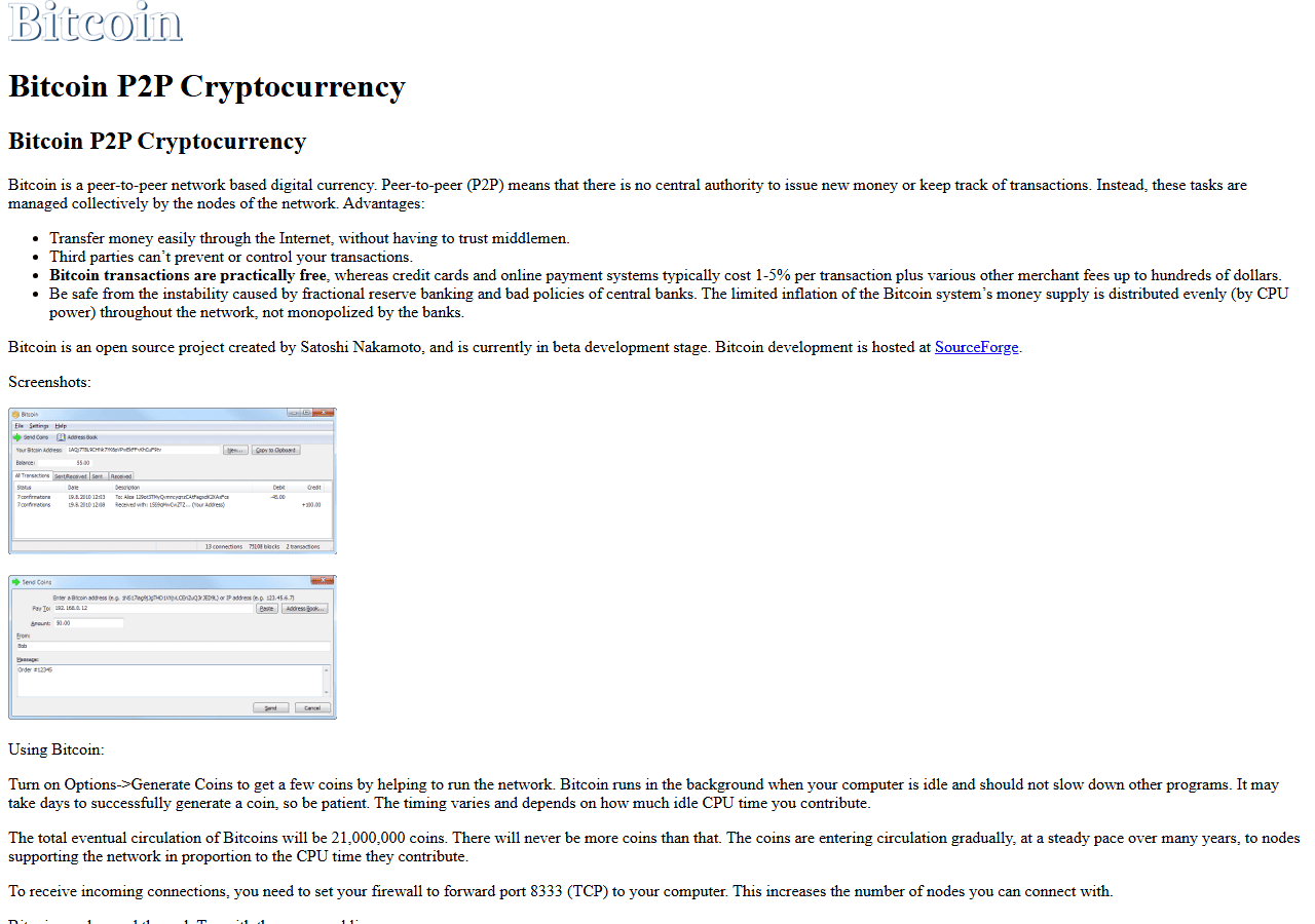 หน้าเว็บ bitcoin.org ปลายเดือนกรกฎาคม 2010 ให้ดาวน์โหลด Bitcoin 0.3.2