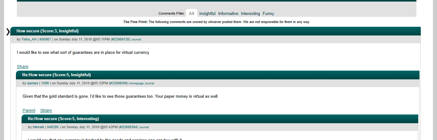 คอมเมนต์ใต้ข่าว Slashdot ปี 2010 ที่ตอบว่าธนบัตรในมือเราก็เป็นของเสมือนเหมือนกัน