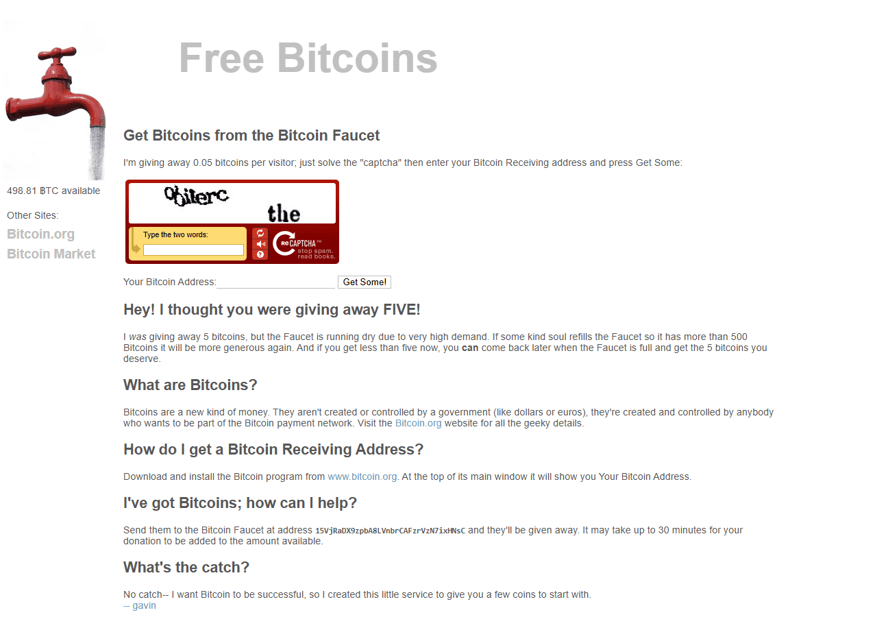 หน้าเว็บ Bitcoin Faucet เดือนสิงหาคม 2010 ลดเหลือแจกคนละ 0.05 BTC