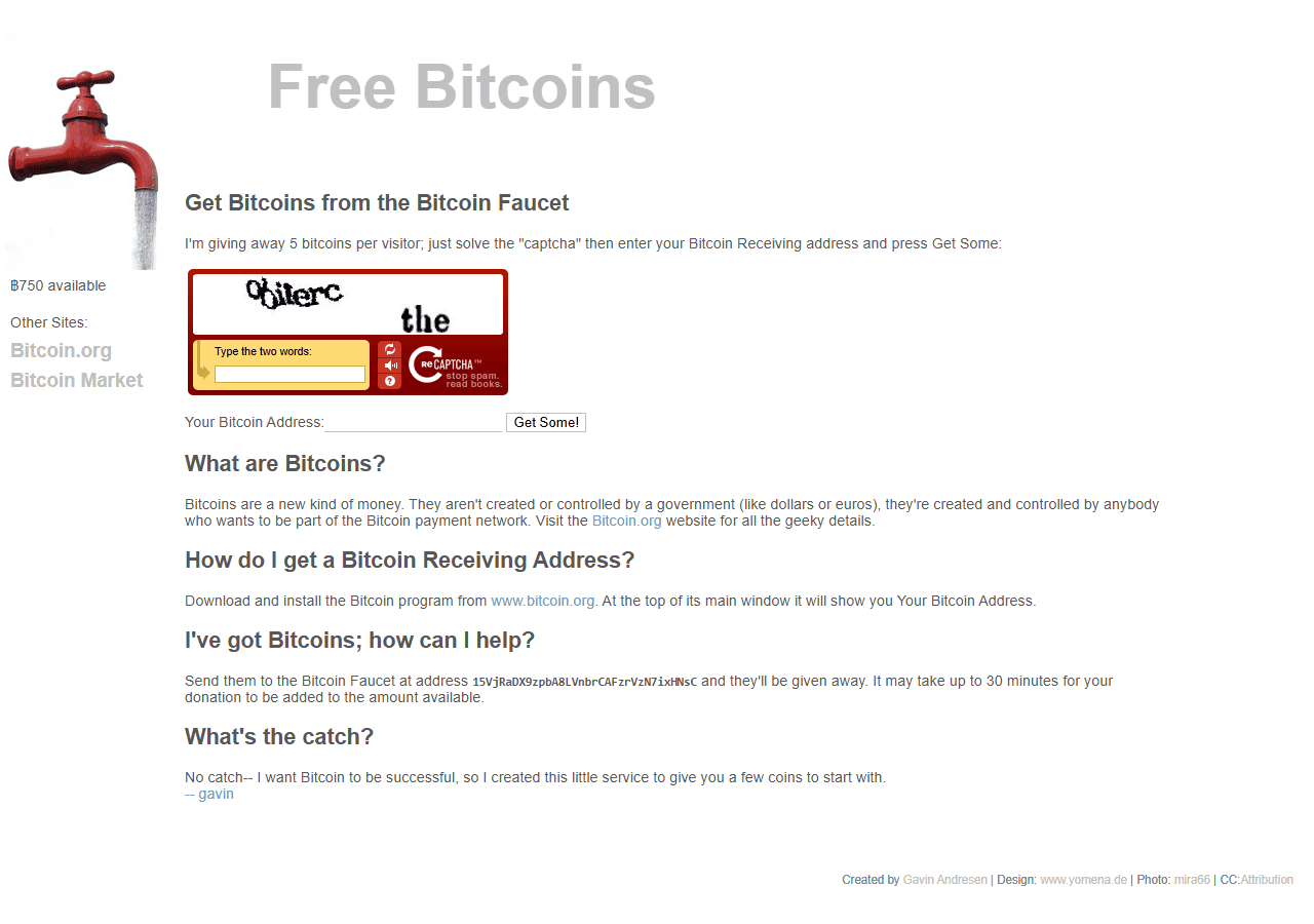 หน้าเว็บ Bitcoin Faucet ของ Gavin Andresen 3 กรกฎาคม 2010 แจกคนละ 5 BTC