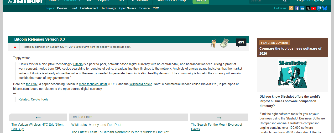 ข่าว Bitcoin Releases Version 0.3 บน Slashdot 11 กรกฎาคม 2010 มีคอมเมนต์ 491 รายการ