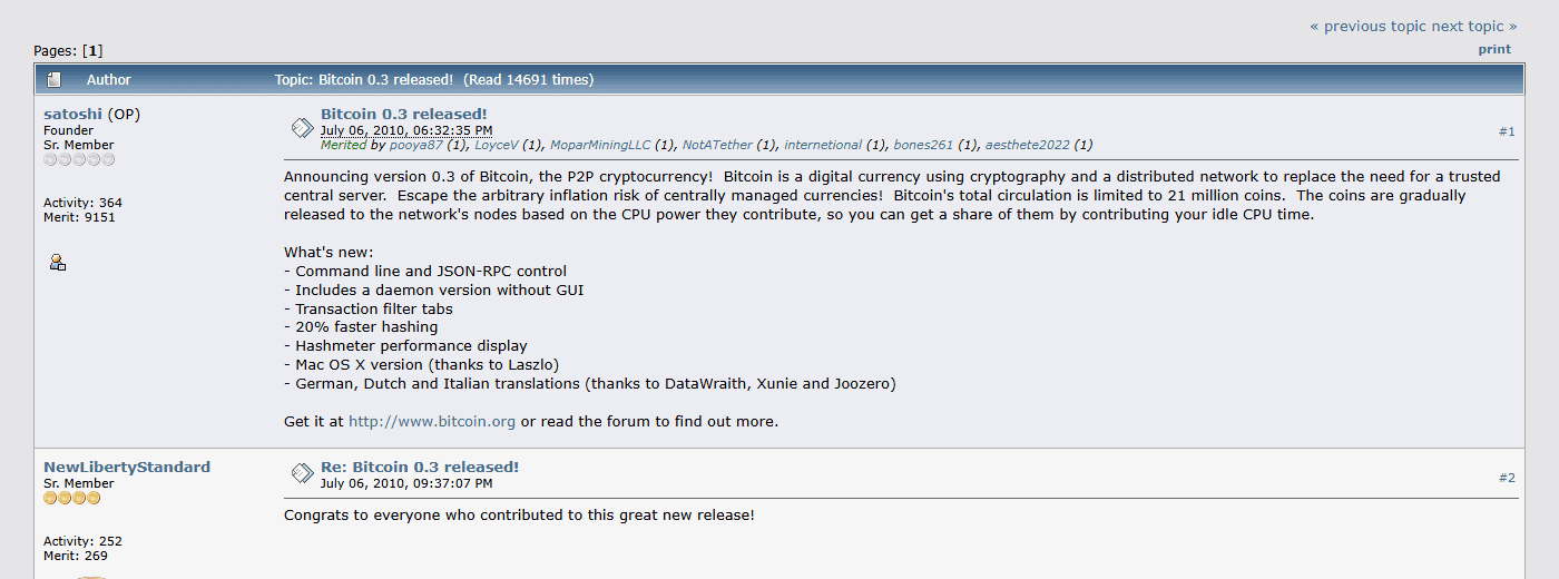 ประกาศ Bitcoin 0.3 released! ของ Satoshi Nakamoto บน bitcointalk 6 กรกฎาคม 2010