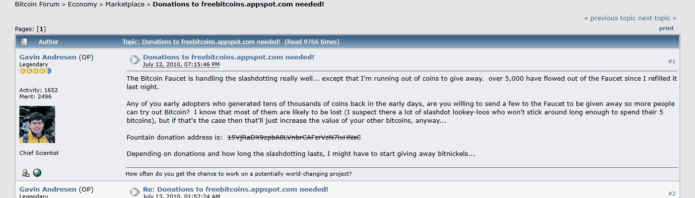 โพสต์ของ Gavin Andresen 12 กรกฎาคม 2010 ขอรับบริจาคเพราะเหรียญในก๊อกไหลออกกว่า 5,000 BTC