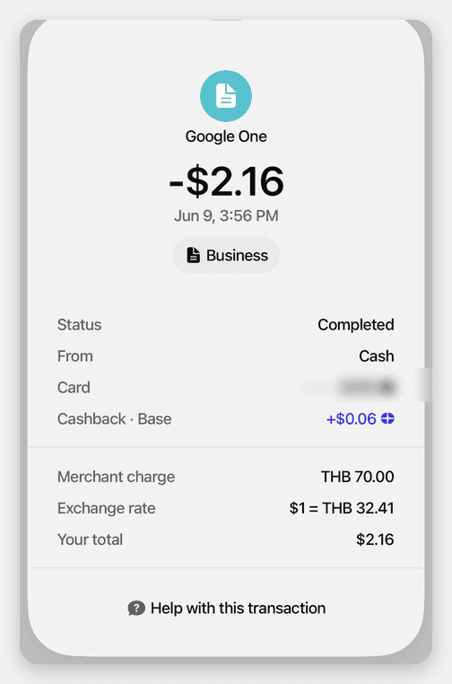 สลิปจ่าย Google One ผ่านบัตร Plasma One ร้านคิดเป็นเงินบาท เรตแลกเปลี่ยนในแอป 32.41 บาทต่อดอลลาร์