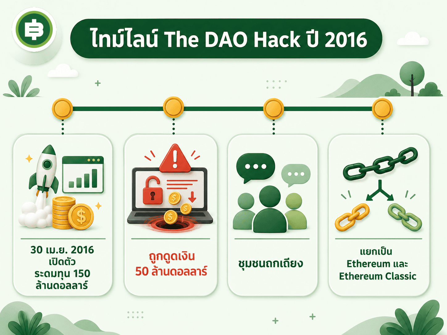 ไทม์ไลน์เหตุการณ์ The DAO Hack ปี 2016 ตั้งแต่ระดมทุนจนถึงจุดที่เครือข่ายอิเธอเรียมแยกออกเป็นสองสาย