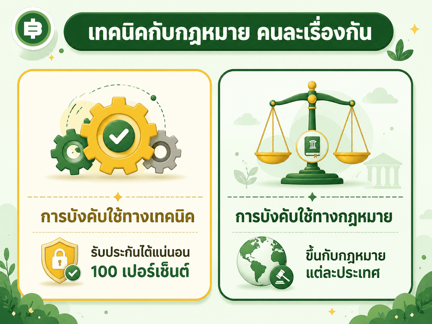 เทียบการบังคับใช้ทางเทคนิคที่ Smart Contract รับประกันได้แน่นอน กับการบังคับใช้ทางกฎหมายที่ยังขึ้นกับแต่ละประเทศ