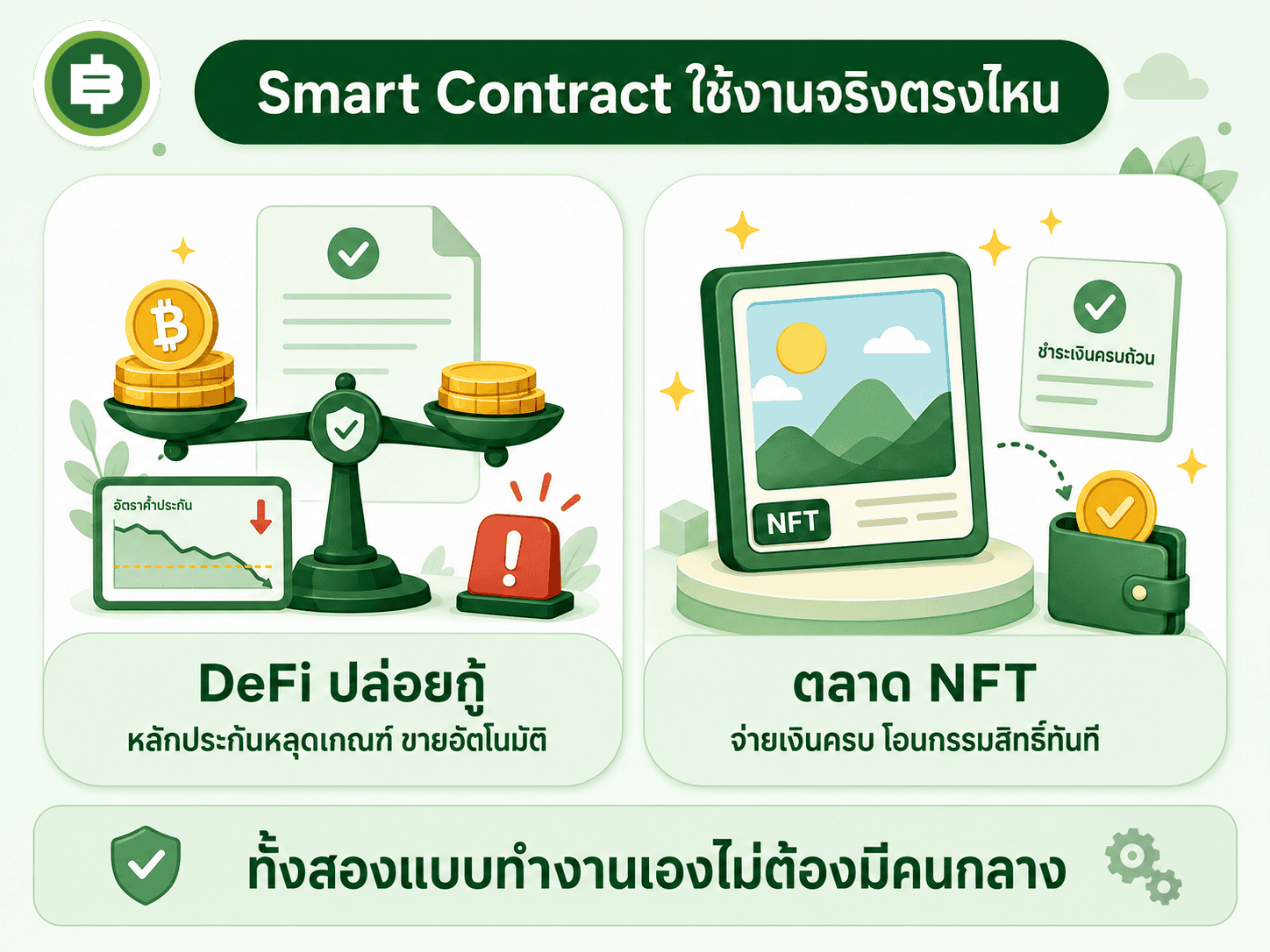 ตัวอย่างการใช้งาน Smart Contract จริงสองแบบที่พบบ่อยที่สุด คือแพลตฟอร์มปล่อยกู้ DeFi และตลาดซื้อขาย NFT