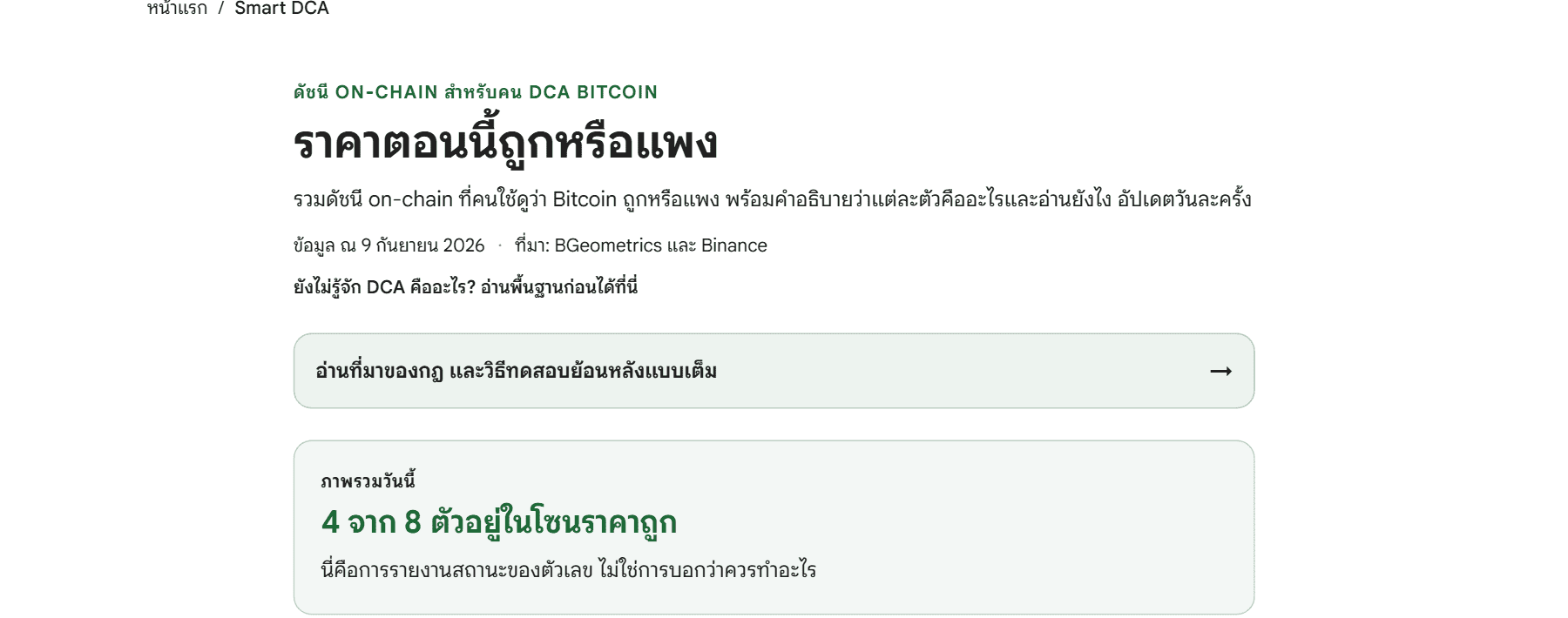 หน้าเครื่องมือ Smart DCA ของ Bitcoin Addict แสดงภาพรวมดัชนี on-chain ที่ใช้ดูว่าราคา Bitcoin อยู่ในโซนถูกหรือแพง