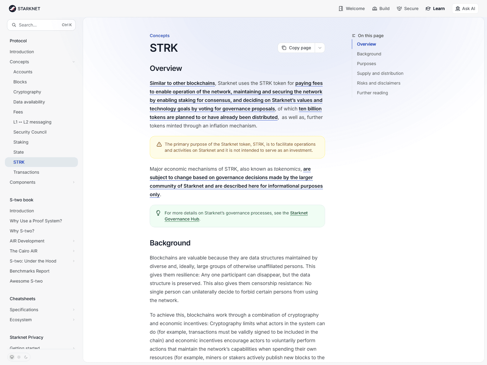 เอกสารทางการ docs.starknet.io หน้า STRK อธิบายสัดส่วนการถือครองและการกระจายโทเคน