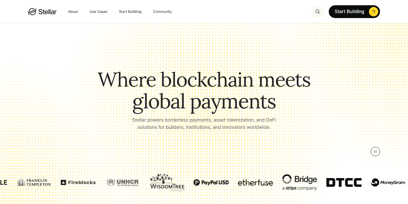 หน้าเว็บทางการของ Stellar (stellar.org) พร้อมโลโก้พันธมิตรอย่าง Franklin Templeton, Fireblocks และ MoneyGram