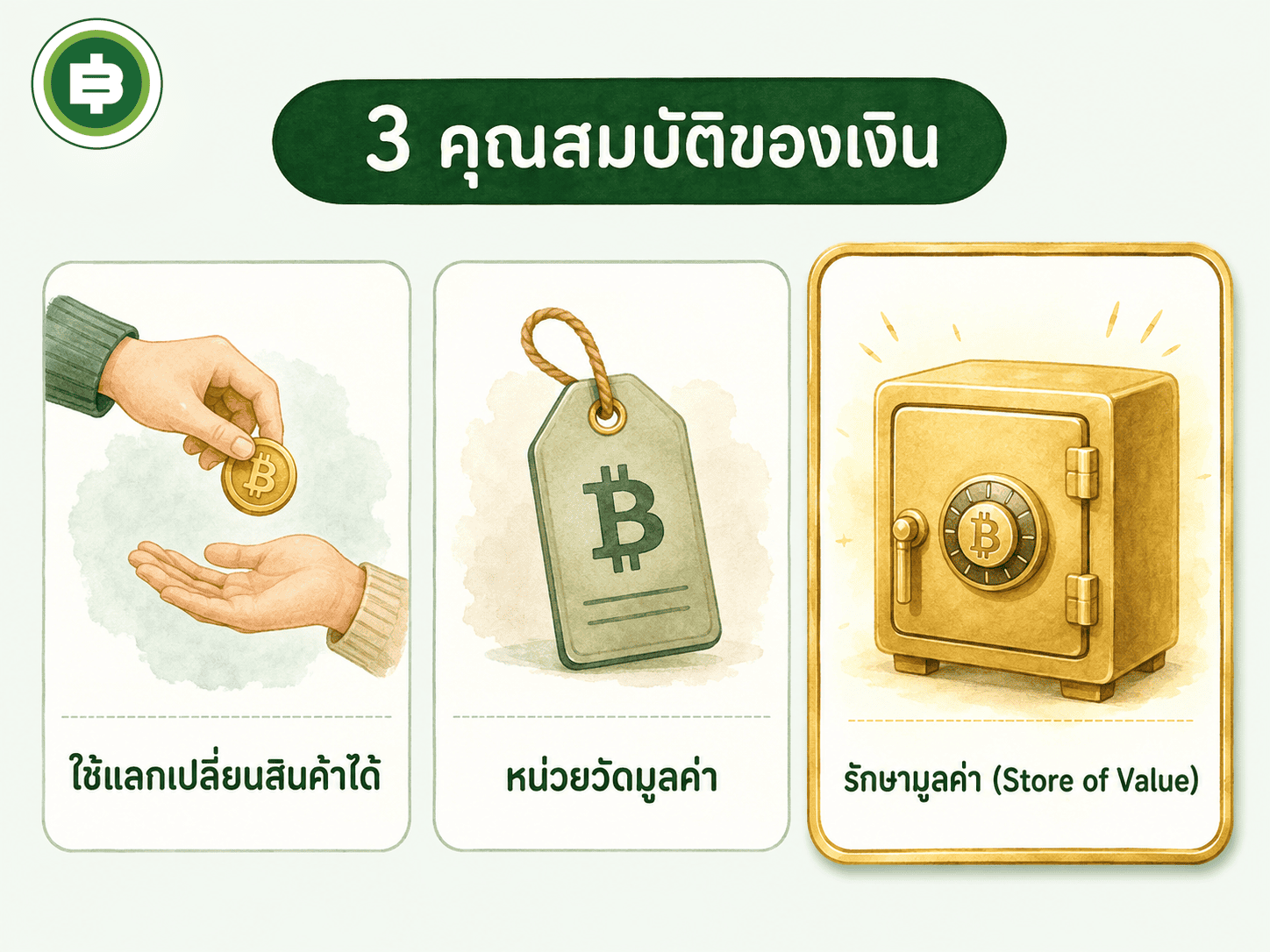 การ์ด 3 คุณสมบัติของเงิน สื่อกลางแลกเปลี่ยน หน่วยวัดมูลค่า และรักษามูลค่า