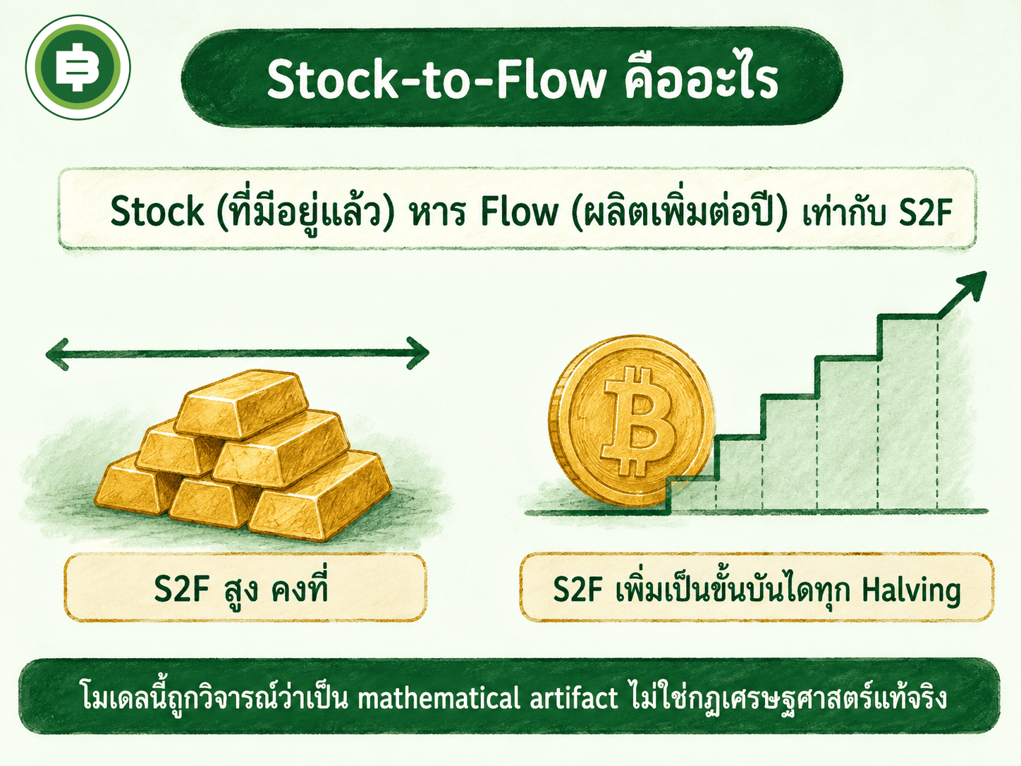 แผนภาพอธิบายสูตร Stock-to-Flow เทียบทองคำกับ Bitcoin ที่เพิ่มค่าเป็นขั้นบันไดทุก Halving