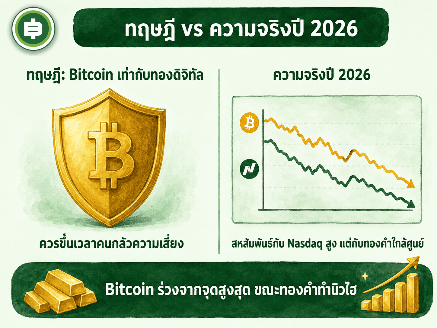 เปรียบเทียบทฤษฎี Bitcoin เท่ากับทองดิจิทัล กับพฤติกรรมราคาจริงปี 2026 ที่ร่วงคู่กับ Nasdaq