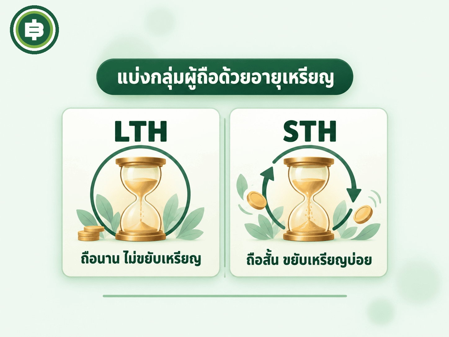 อธิบายว่า LTH คือผู้ถือเกิน 155 วัน STH คือผู้ถือไม่ถึง 155 วัน แบ่งด้วยอายุ UTXO บน blockchain