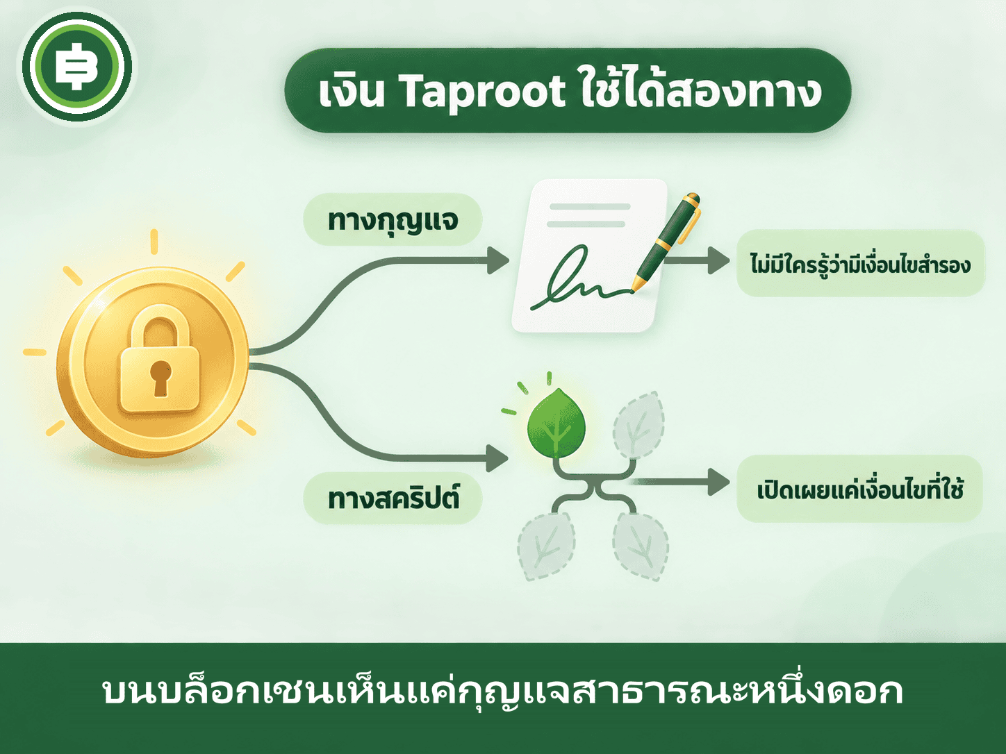 ไดอะแกรมเงิน Taproot ใช้ได้สองทาง ทางกุญแจใช้ลายเซ็นเดียวโดยไม่มีใครรู้ว่ามีเงื่อนไขสำรอง ทางสคริปต์เปิดเผยแค่เงื่อนไขที่ใช้