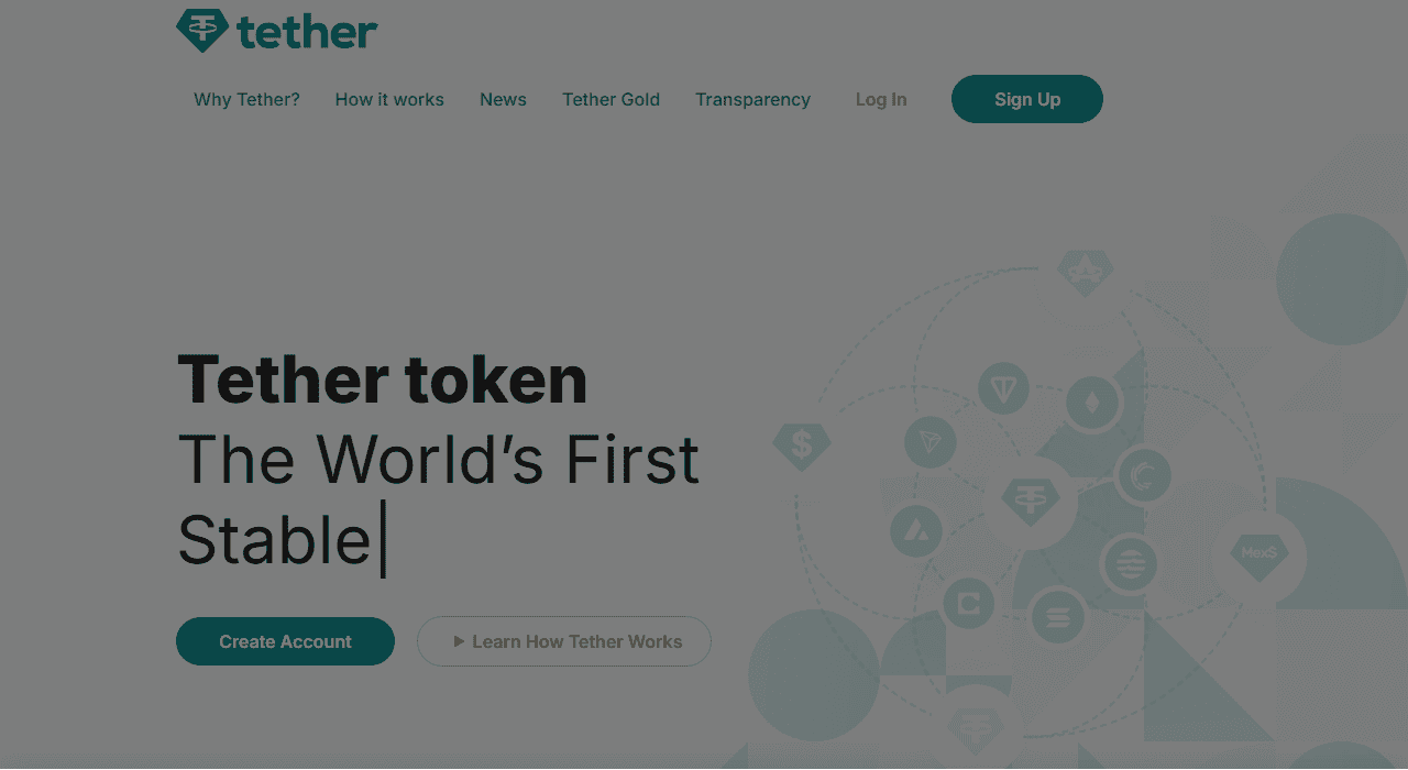 หน้าเว็บทางการของ Tether แสดงโลโก้และข้อความ Tether token The World's First Stablecoin