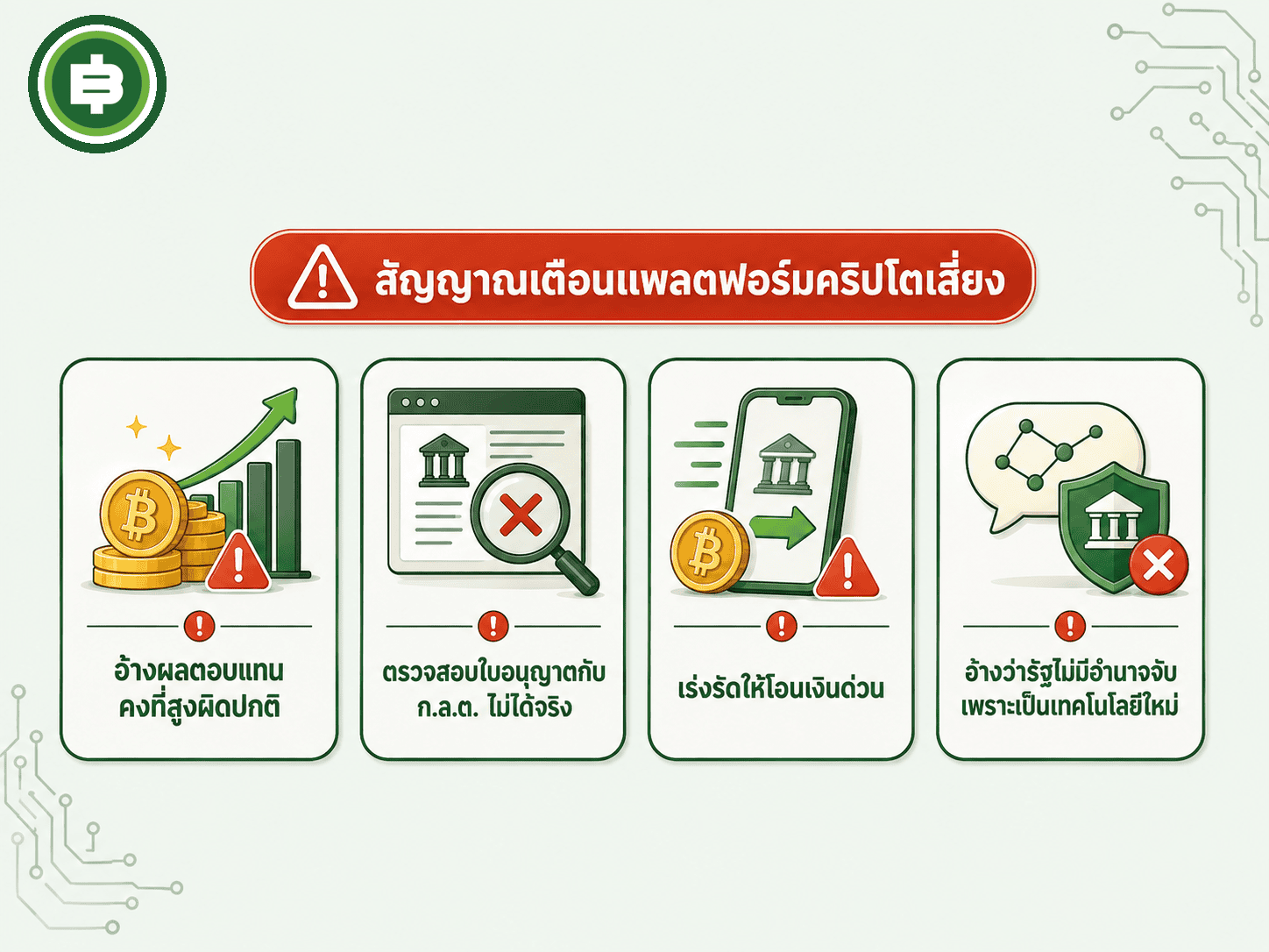 สี่สัญญาณเตือนพื้นฐานที่ช่วยกรองแพลตฟอร์มหรือโปรเจกต์คริปโตเสี่ยงก่อนตัดสินใจเกี่ยวข้องด้วย
