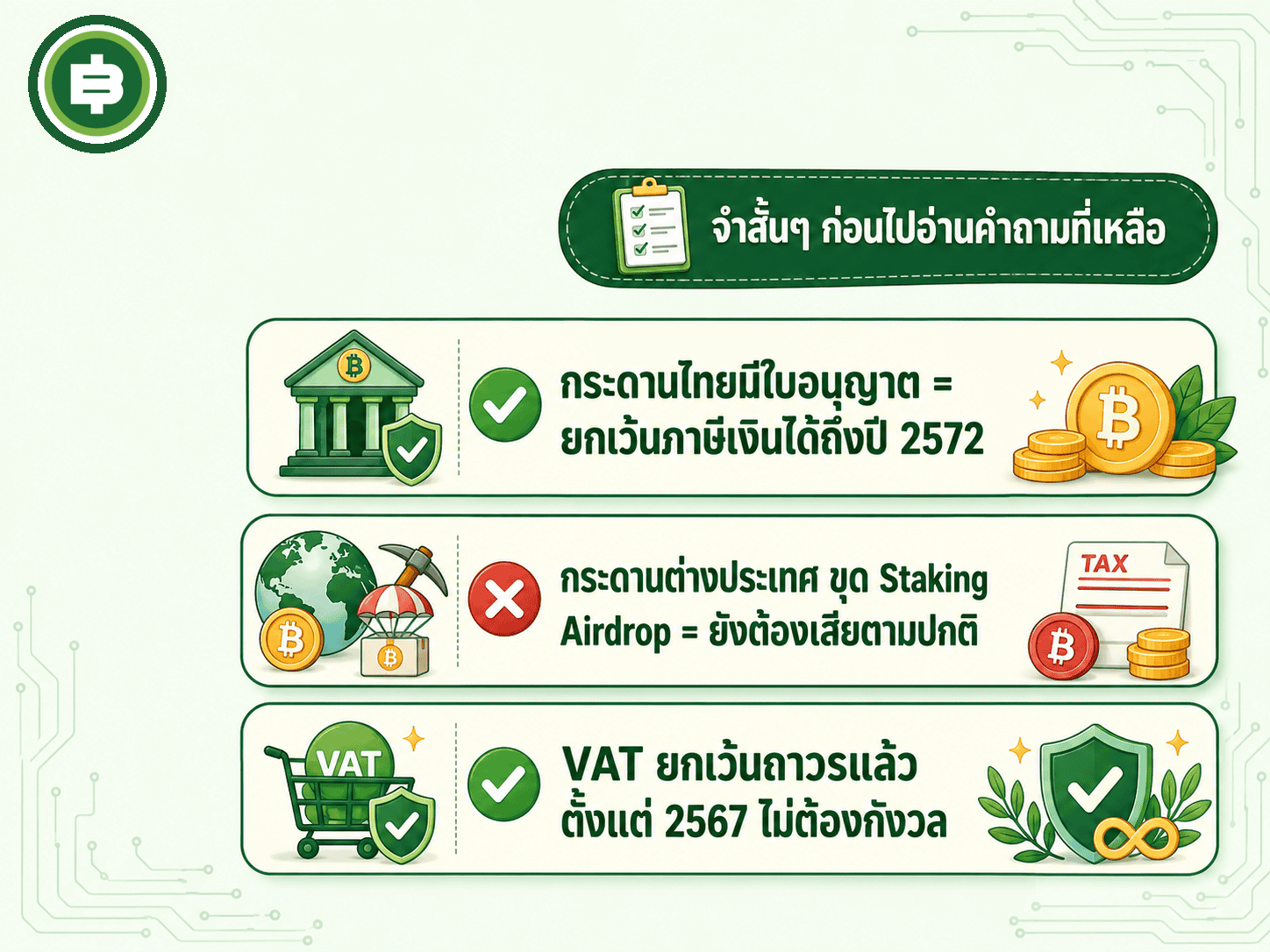 ทบทวนสามประเด็นหลักที่ต้องจำก่อนไปดูคำถามที่เหลือเกี่ยวกับ Staking และกรณีเฉพาะอื่นๆ