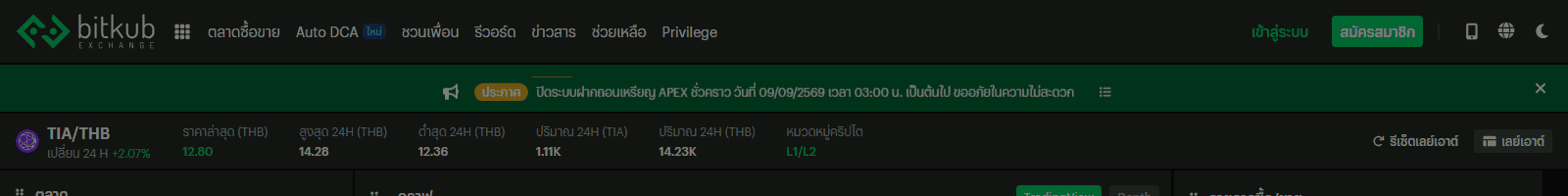 หน้าตลาด TIA/THB บน Bitkub