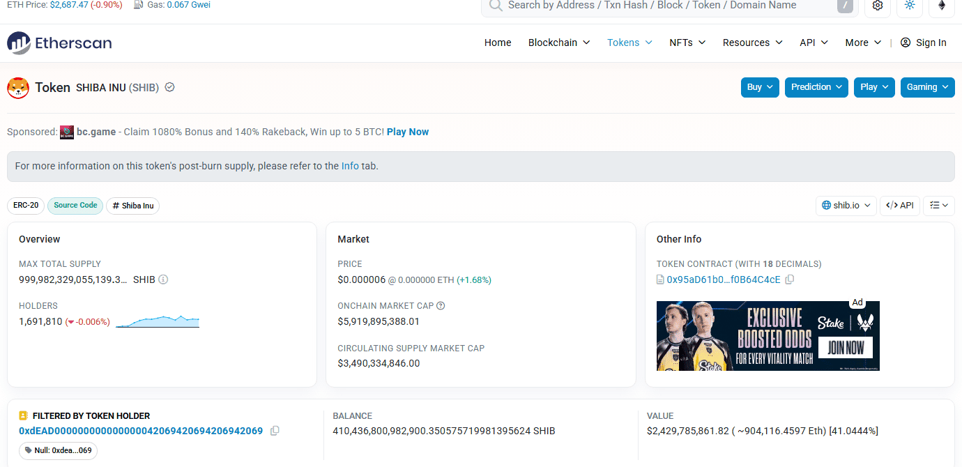 ที่อยู่ 0xdead...42069 ที่ Vitalik Buterin ใช้เผา SHIB ยังถือ SHIB 410 ล้านล้านเหรียญ