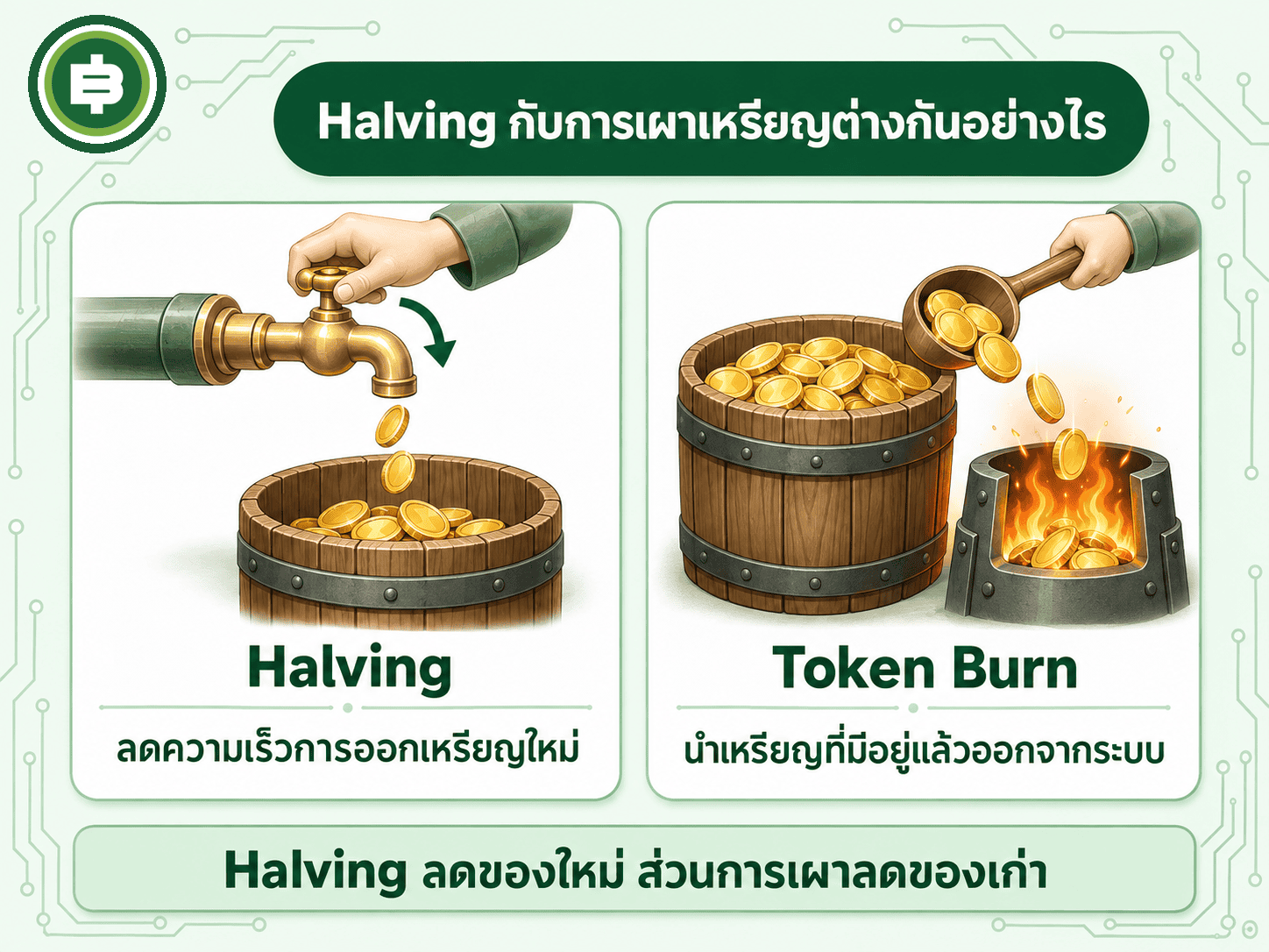 Halving ลดความเร็วการออกเหรียญใหม่ ส่วนการเผาเหรียญนำเหรียญที่มีอยู่ออกจากระบบ