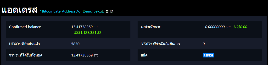 ที่อยู่ 1BitcoinEaterAddressDontSendf59kuE ถือ 13.41738369 BTC และไม่เคยใช้จ่ายออก