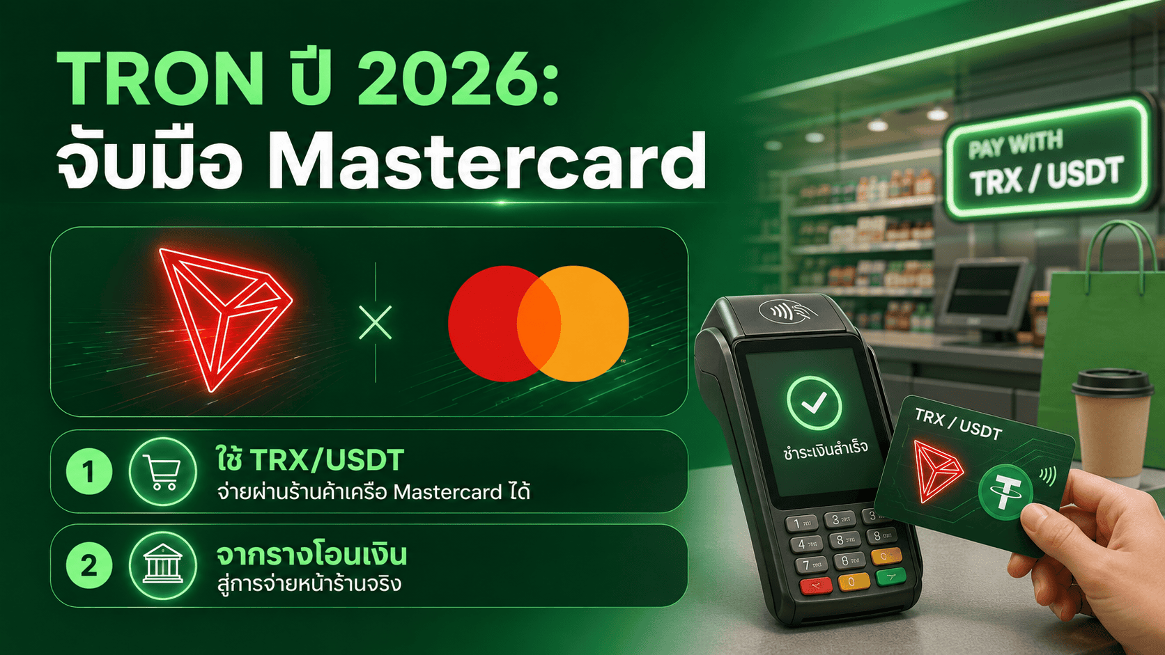 TRON ปี 2026 จับมือ Mastercard ให้ใช้ TRX และ USDT จ่ายผ่านร้านค้า