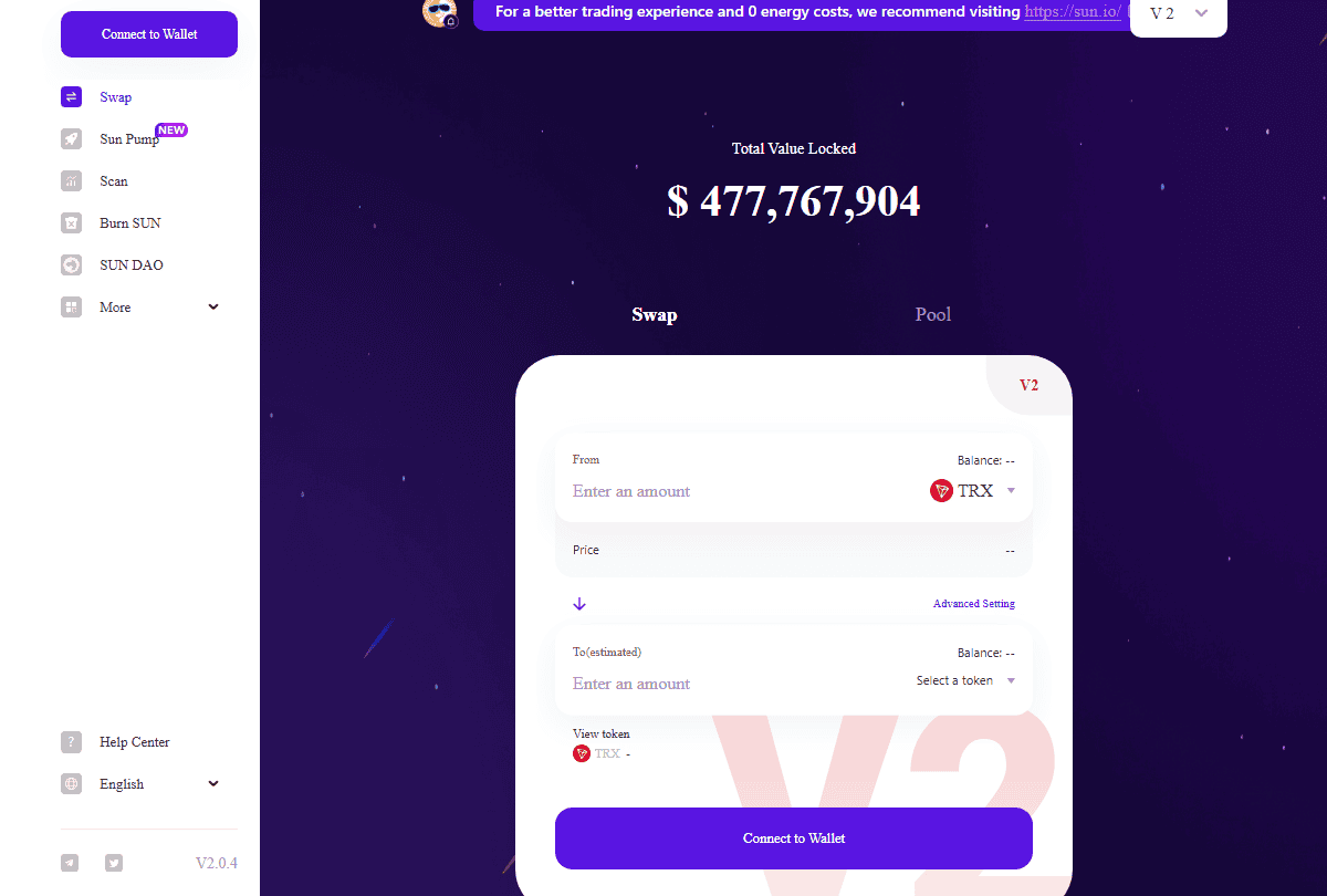 หน้าจอจริงของ SunSwap หนึ่งใน DApp DEX หลักบน TRON แสดง Total Value Locked สดและฟอร์มสวอป TRX
