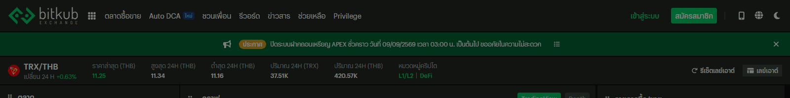 หน้าตลาด TRX/THB บน Bitkub
