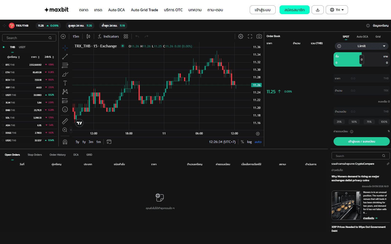 หน้าตลาด TRX/THB บน Maxbit