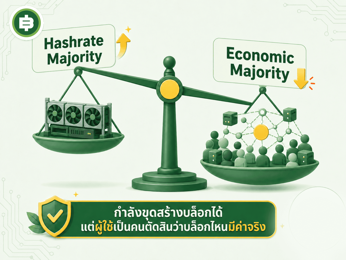 ตาชั่งเปรียบเทียบ Hashrate Majority กับ Economic Majority แสดงว่าผู้ใช้และโหนดที่ยอมรับบล็อกต่างหากที่ตัดสินมูลค่าจริง