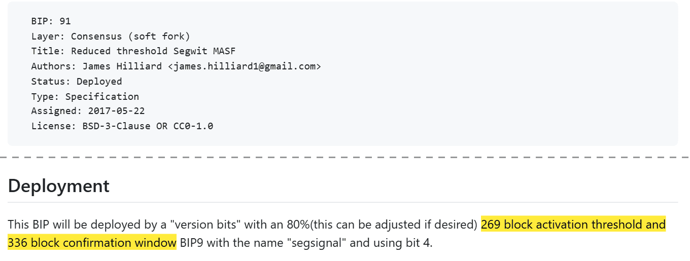 หน้า BIP 91 บน GitHub แสดงสถานะ Deployed และเกณฑ์ 80% ในหน้าต่าง 336 บล็อก