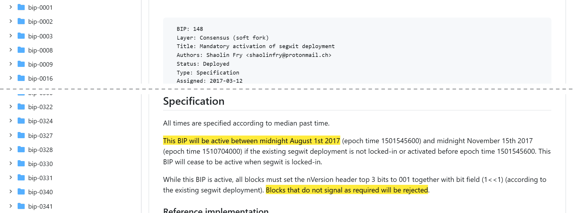หน้า BIP 148 บน GitHub แสดงสถานะ Deployed และข้อกำหนดว่าบล็อกที่ไม่ส่งสัญญาณ SegWit จะถูกปฏิเสธระหว่างวันที่ 1 สิงหาคม ถึง 15 พฤศจิกายน 2017