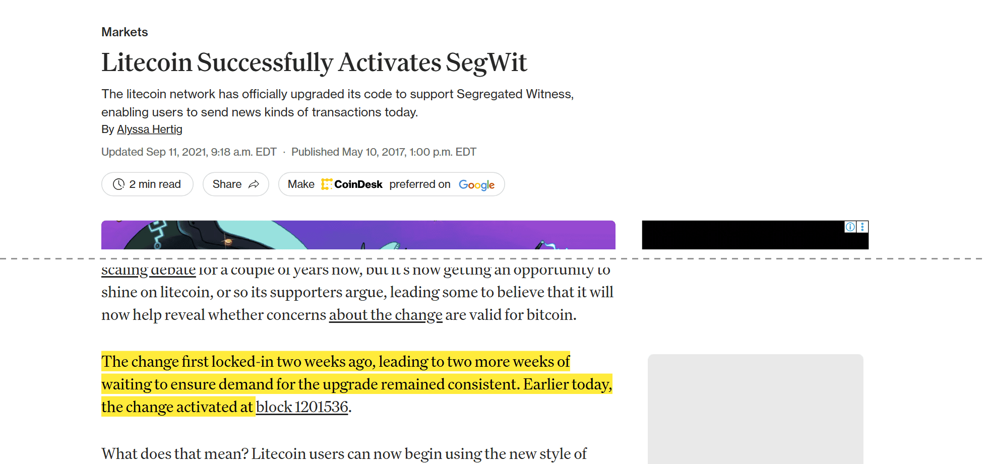 ข่าว CoinDesk ปี 2017 เรื่อง Litecoin เปิดใช้งาน SegWit สำเร็จ ที่บล็อก 1201536