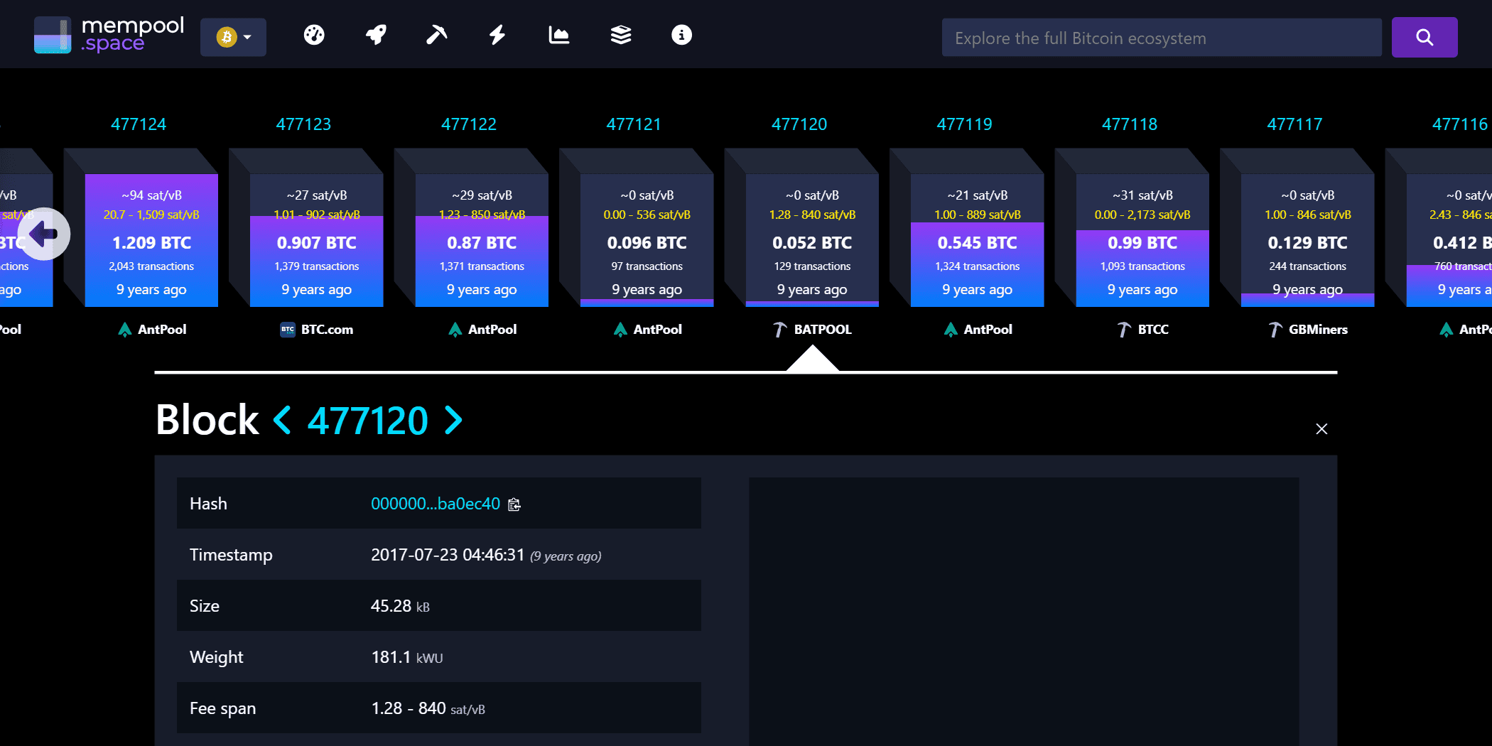 หน้าบล็อกที่ 477,120 บน mempool.space ลงเวลา 23 กรกฎาคม 2017