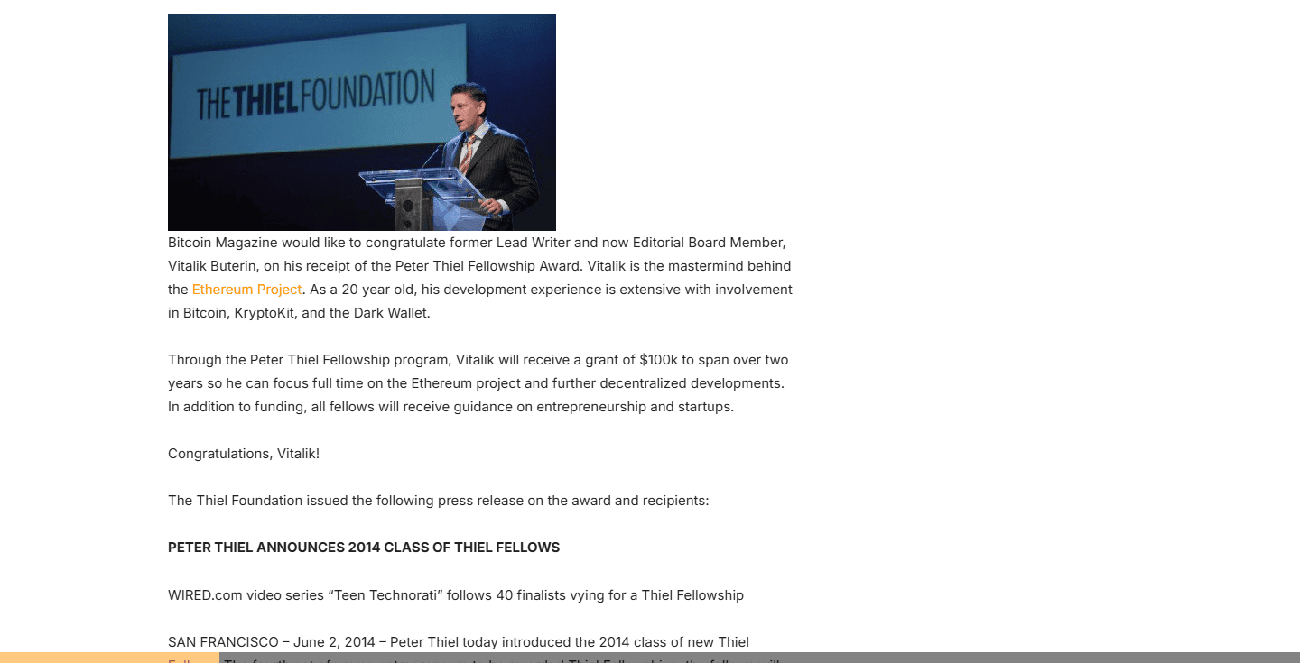 บทความ Bitcoin Magazine แสดงความยินดีกับ Vitalik Buterin ที่ได้ทุน Thiel Fellowship