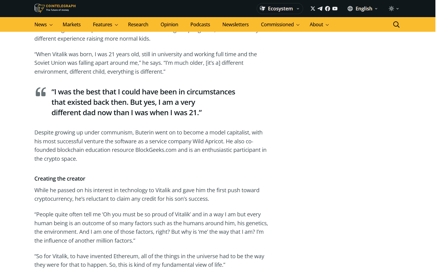 บทสัมภาษณ์ Dmitry Buterin พ่อของ Vitalik บน Cointelegraph Magazine