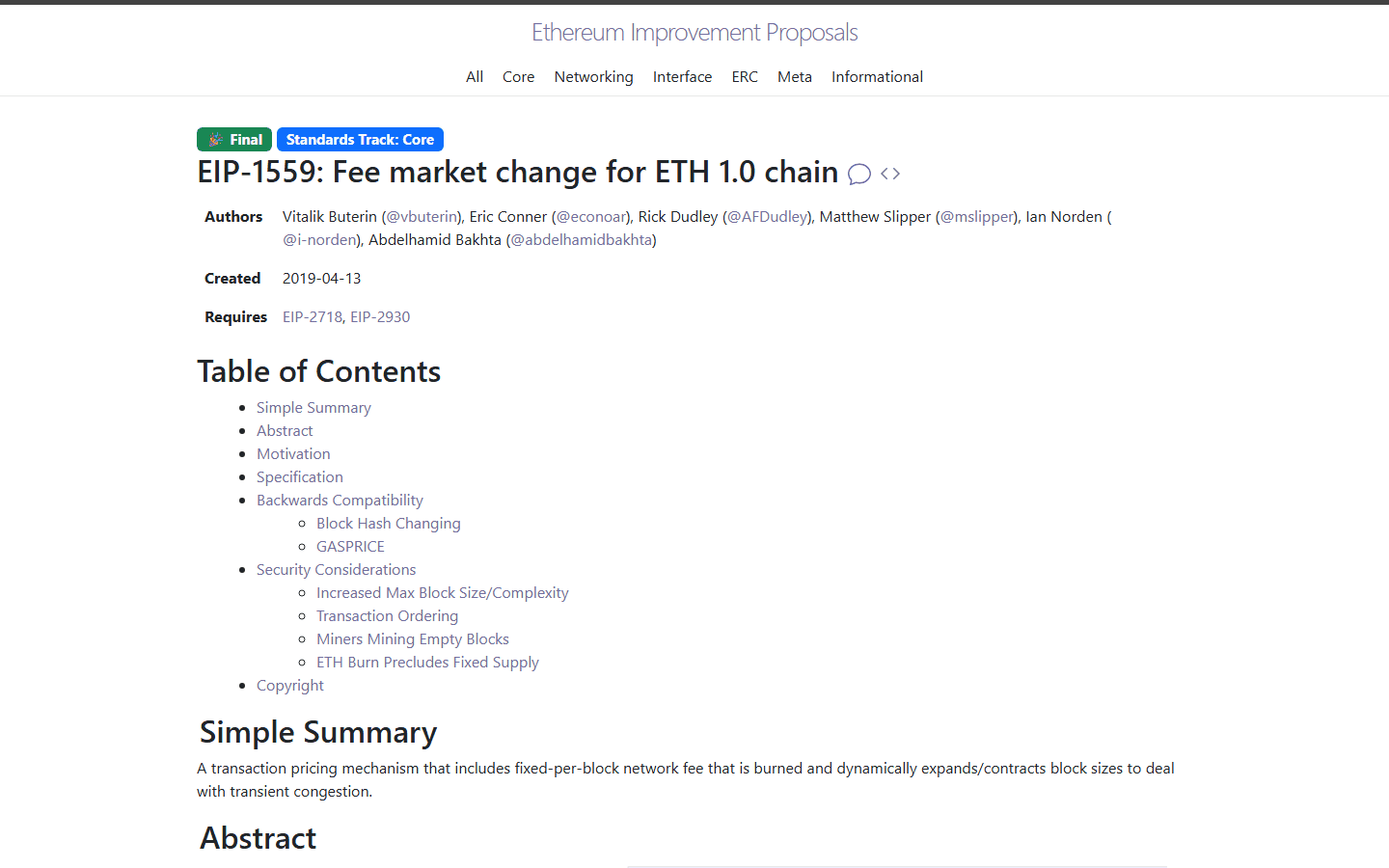 หน้า EIP-1559 แสดงรายชื่อผู้เขียน