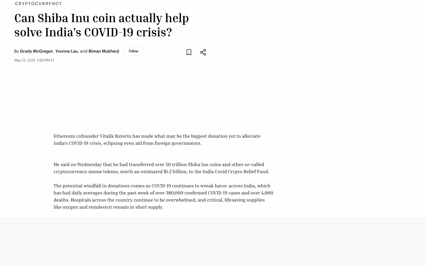 ข่าว Fortune เรื่อง Vitalik บริจาค SHIB ให้กองทุนโควิดอินเดีย