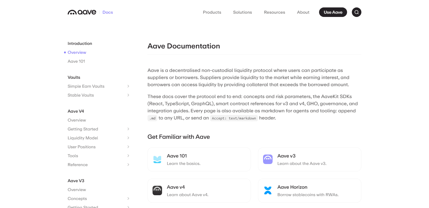 หน้าแรกเอกสารทางการของ Aave อธิบายว่า Aave เป็นโปรโตคอลสภาพคล่องแบบไม่ฝากไว้กับตัวกลาง มีเมนู Vaults, Aave V4, Aave V3 และการ์ด Aave 101, Aave v3, Aave v4, Aave Horizon