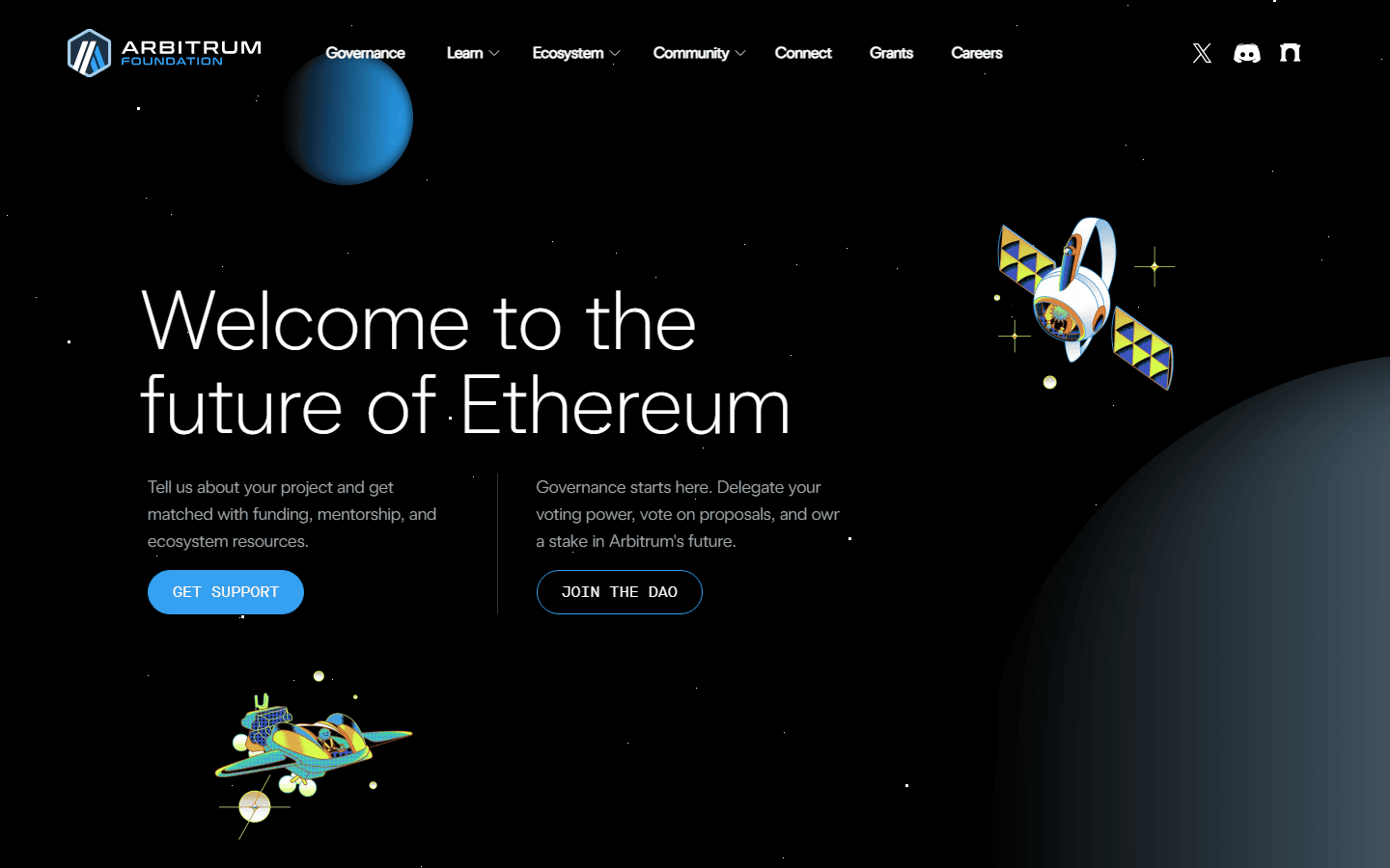 หน้าแรกเว็บของ Arbitrum Foundation ข้อความ Welcome to the future of Ethereum พร้อมปุ่ม Get Support และ Join the DAO