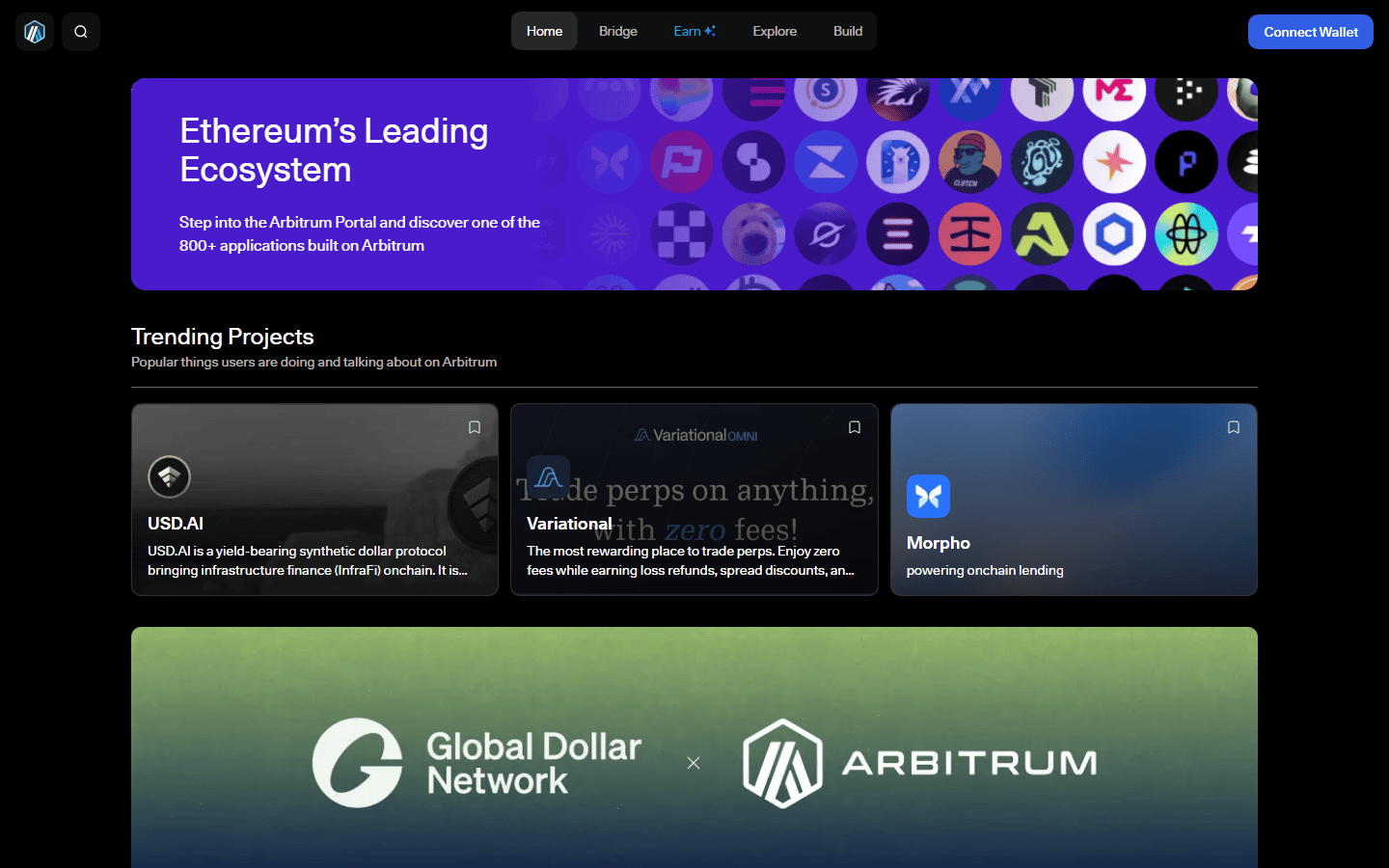 หน้าแรก Arbitrum Portal ศูนย์รวมแอปบน Arbitrum ข้อความ Ethereum's Leading Ecosystem และโครงการยอดนิยม เช่น USD.AI, Variational และ Morpho