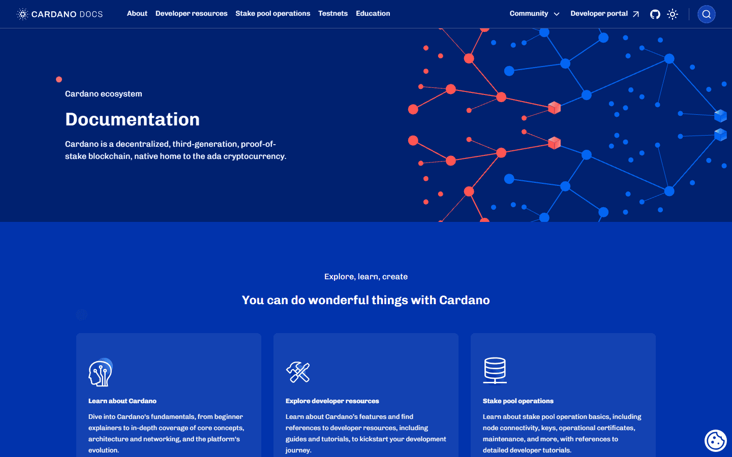 หน้าแรกเอกสารทางการ docs.cardano.org อธิบายว่า Cardano เป็นบล็อกเชน proof-of-stake รุ่นที่สามที่เป็นบ้านของสกุลเงิน ada