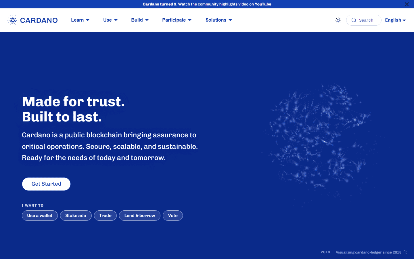 หน้าแรกเว็บทางการ cardano.org ข้อความ Made for trust. Built to last. และปุ่มทางลัด Use a wallet, Stake ada, Trade, Lend & borrow, Vote