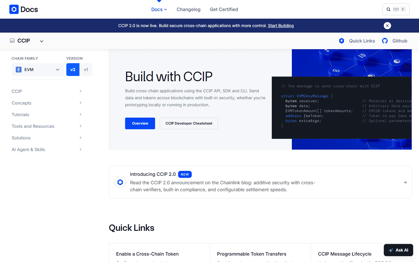 หน้า CCIP บน docs.chain.link หัวข้อ Build with CCIP พร้อมประกาศว่า CCIP 2.0 เปิดใช้งานแล้ว