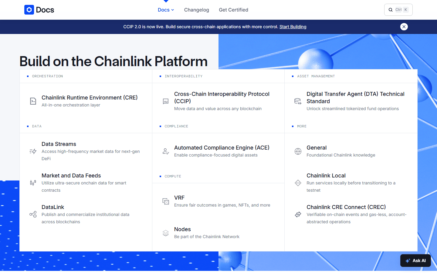 หน้าแรกเอกสารนักพัฒนา docs.chain.link แสดงผลิตภัณฑ์ของ Chainlink เช่น Market and Data Feeds, Data Streams, CCIP และ VRF