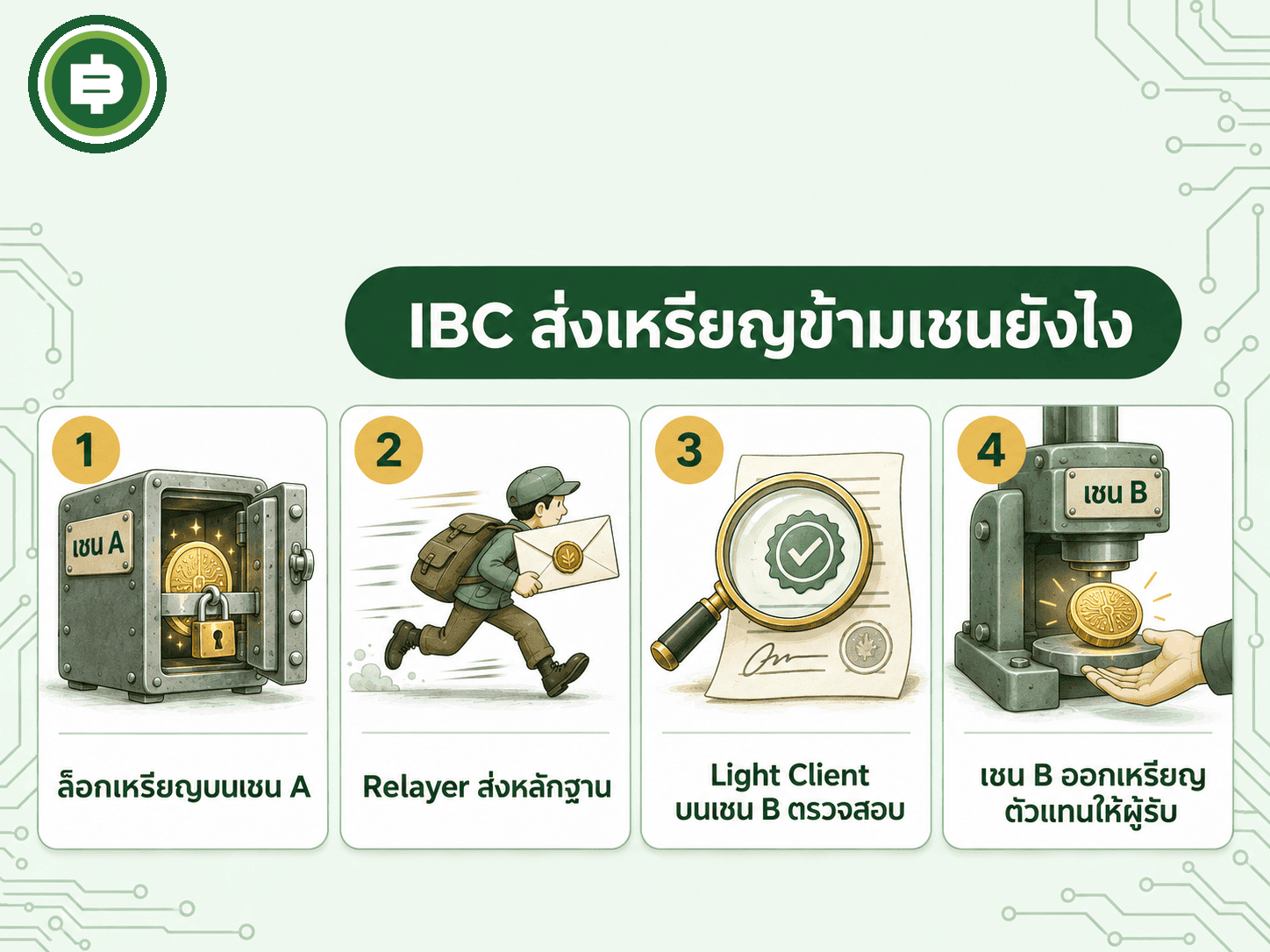 ขั้นตอนกลไก IBC ส่งเหรียญข้ามเชนตั้งแต่ล็อกเหรียญถึงเชนปลายทางออกเหรียญตัวแทน