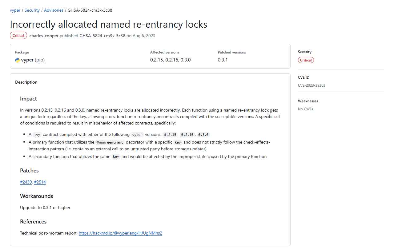 ประกาศช่องโหว่ทางการของ Vyper บน GitHub (GHSA-5824-cm3x-3c38, 6 ส.ค. 2023) ระบุเวอร์ชันที่กระทบ 0.2.15, 0.2.16, 0.3.0 และแพตช์ 0.3.1 ตรวจสอบสด 8 กันยายน 2026