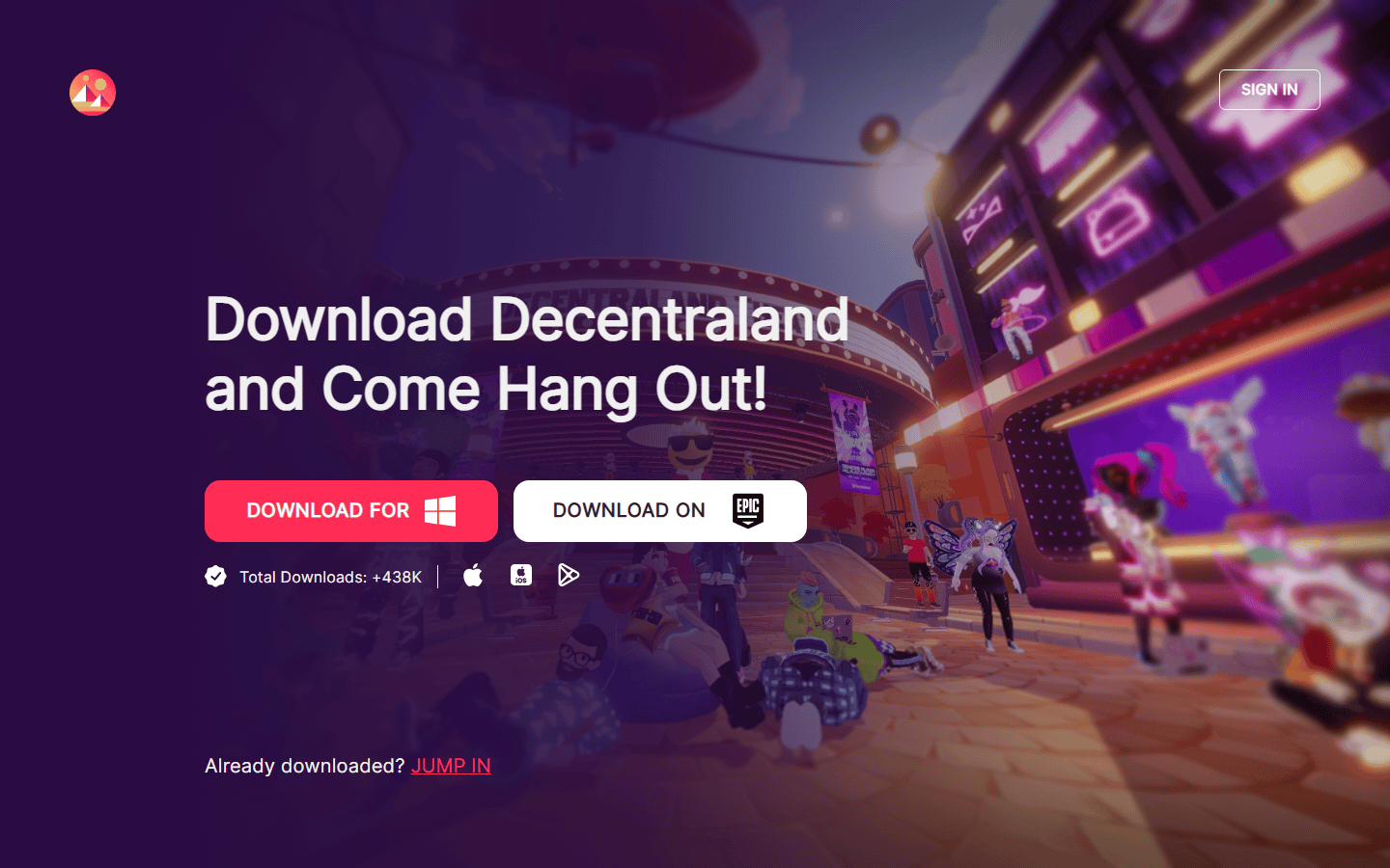 หน้าดาวน์โหลด Decentraland ทางการ ดาวน์โหลดได้ทั้ง Windows, Epic Games Store, iOS และ Android